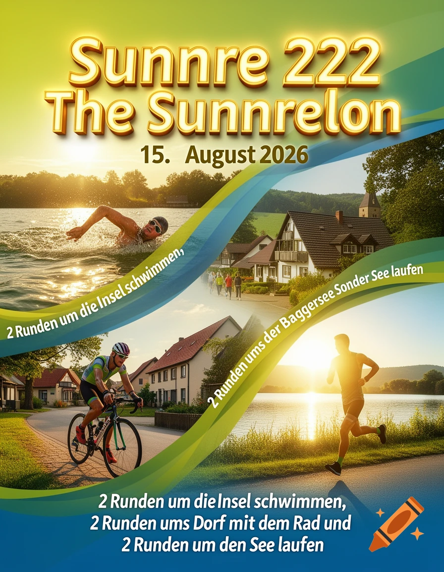 A vibrant poster for the 'Sunnre 222 The Sunnrelon' triathlon on August 15, 2026, featuring a swimmer, a cyclist, and a runner, with various details about the event.