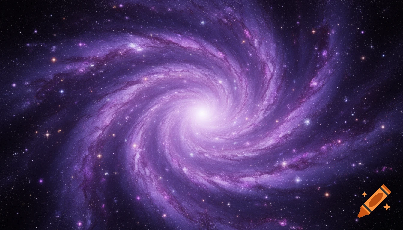 A vibrant purple and blue spiral galaxy with a bright white center, surrounded by countless stars.