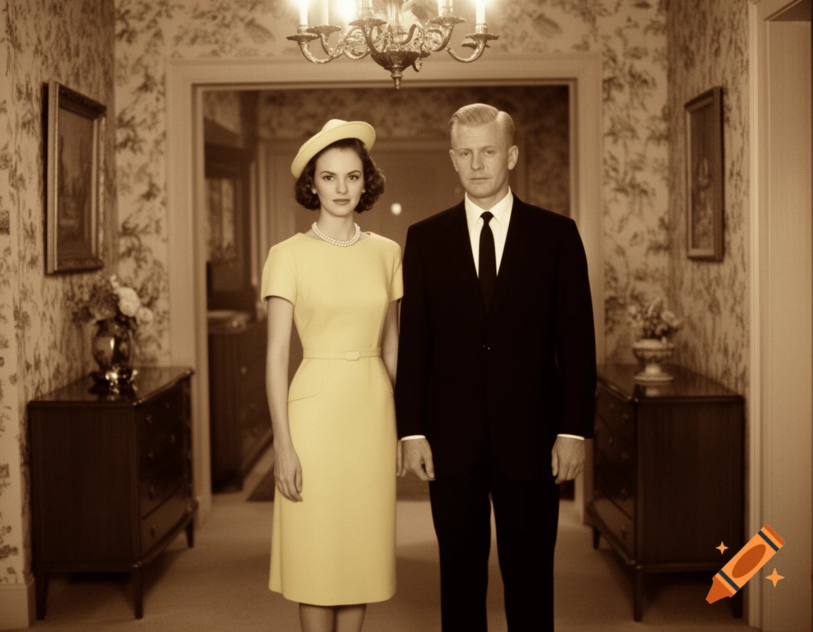 A man and woman in 1950s attire stand in a sepia-toned home foyer. The woman wears a yellow dress and pearls, the man a black suit.