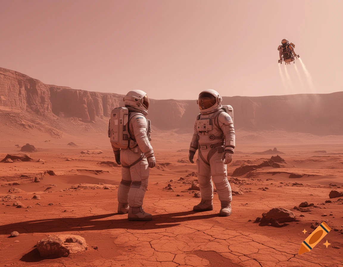 Two astronauts stand on a reddish Martian landscape with a flying person or vehicle in the distant sky.