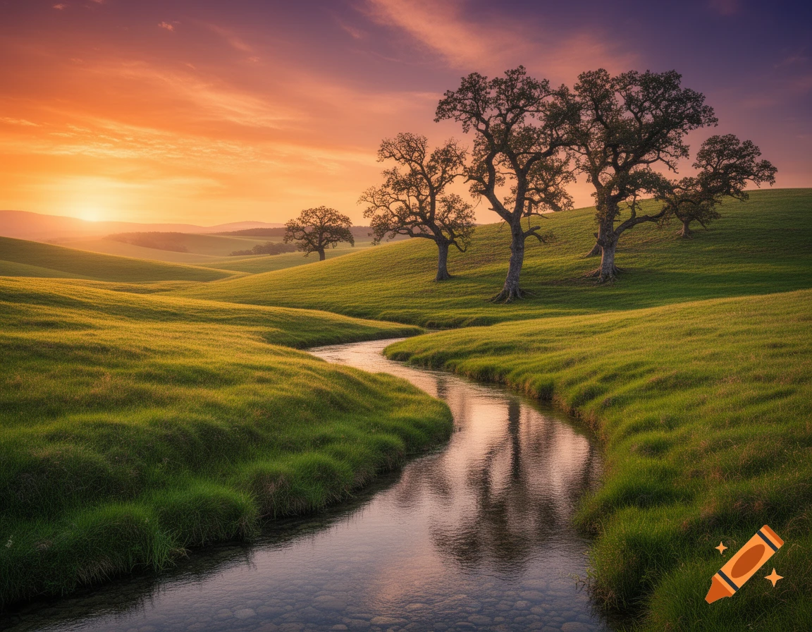 A winding stream flows through rolling green hills with scattered trees under a vibrant orange and purple sunset.