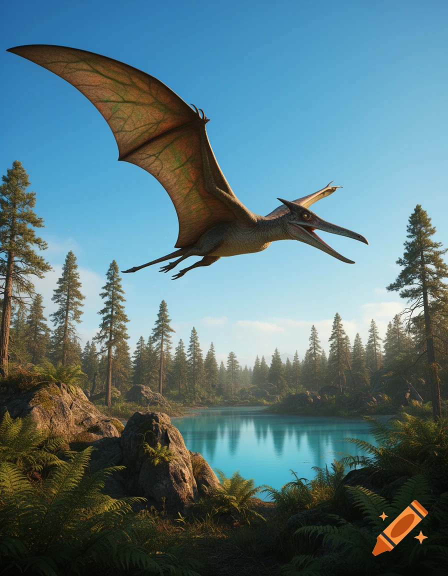 A pterodactyl flies over a clear blue lake surrounded by a dense pine forest and rocky, fern-covered terrain under a bright blue sky.