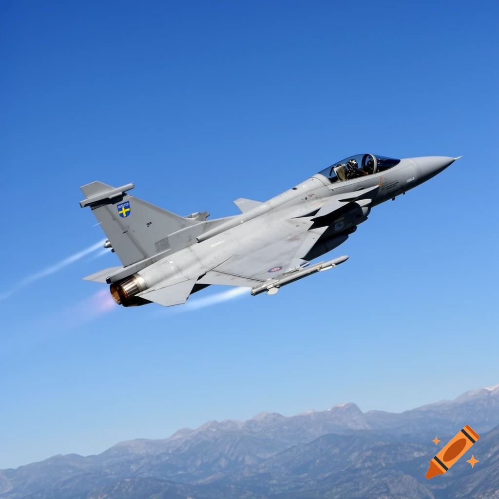 A gray JAS 39 Gripen fighter jet with a Swedish flag on its tail flies through a clear blue sky above mountains.