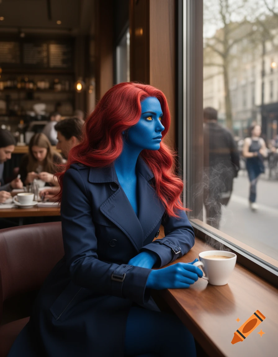 Photorealistic depiction of Mystique with red hair and blue skin, wearing a dark coat, sitting thoughtfully in a cafe by a window.
