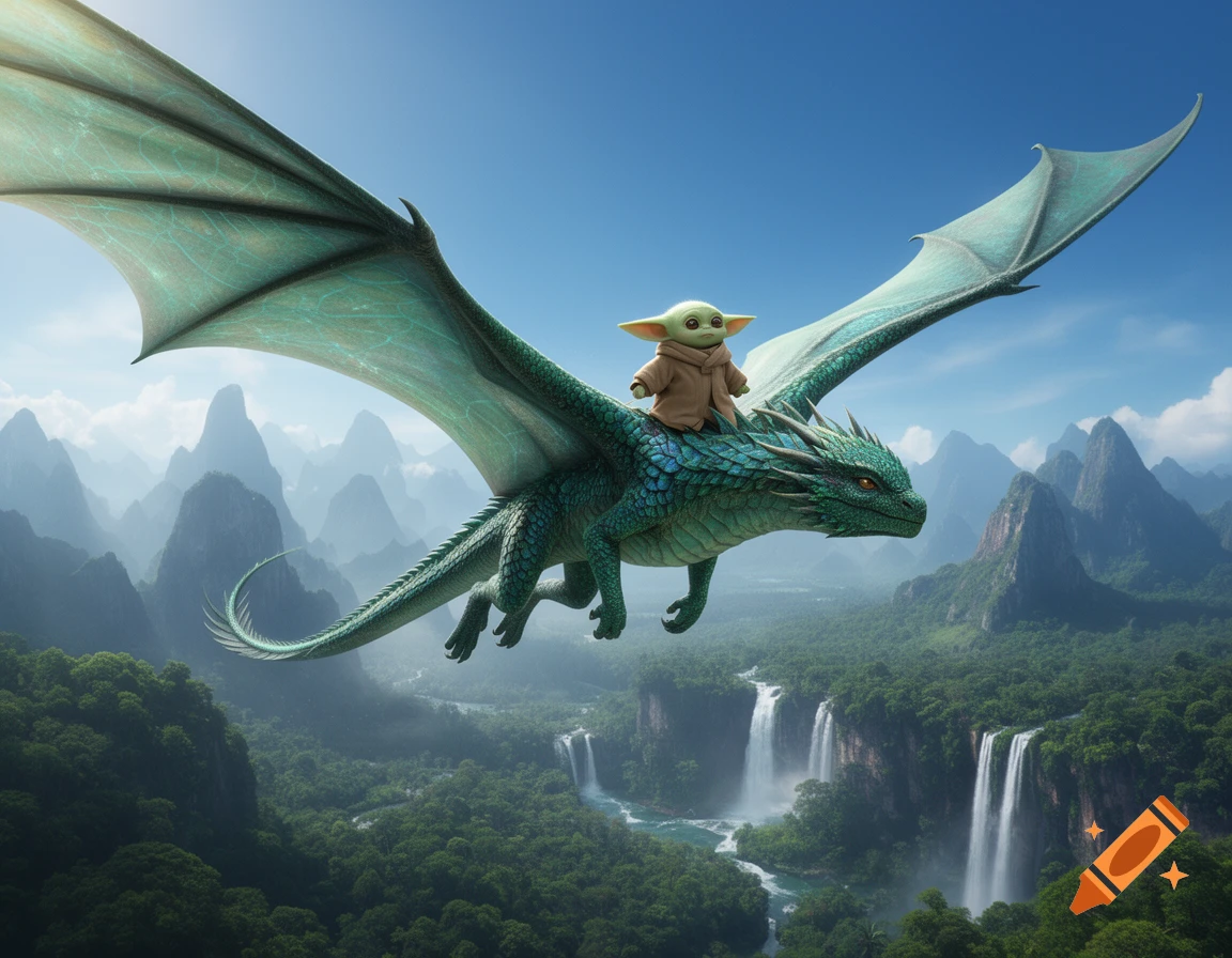 Baby Grogu rides a large teal dragon flying over a lush green valley with waterfalls and misty mountains under a blue sky.