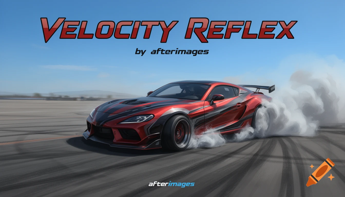A red and black customized drift car generates smoke on a track under a clear blue sky, with a title that reads "Velocity Reflex".