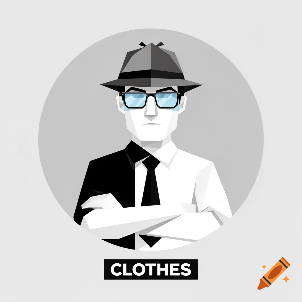Blocky illustration of a man with a detective hat, glasses, and a black and white suit, with 'CLOTHES' label.