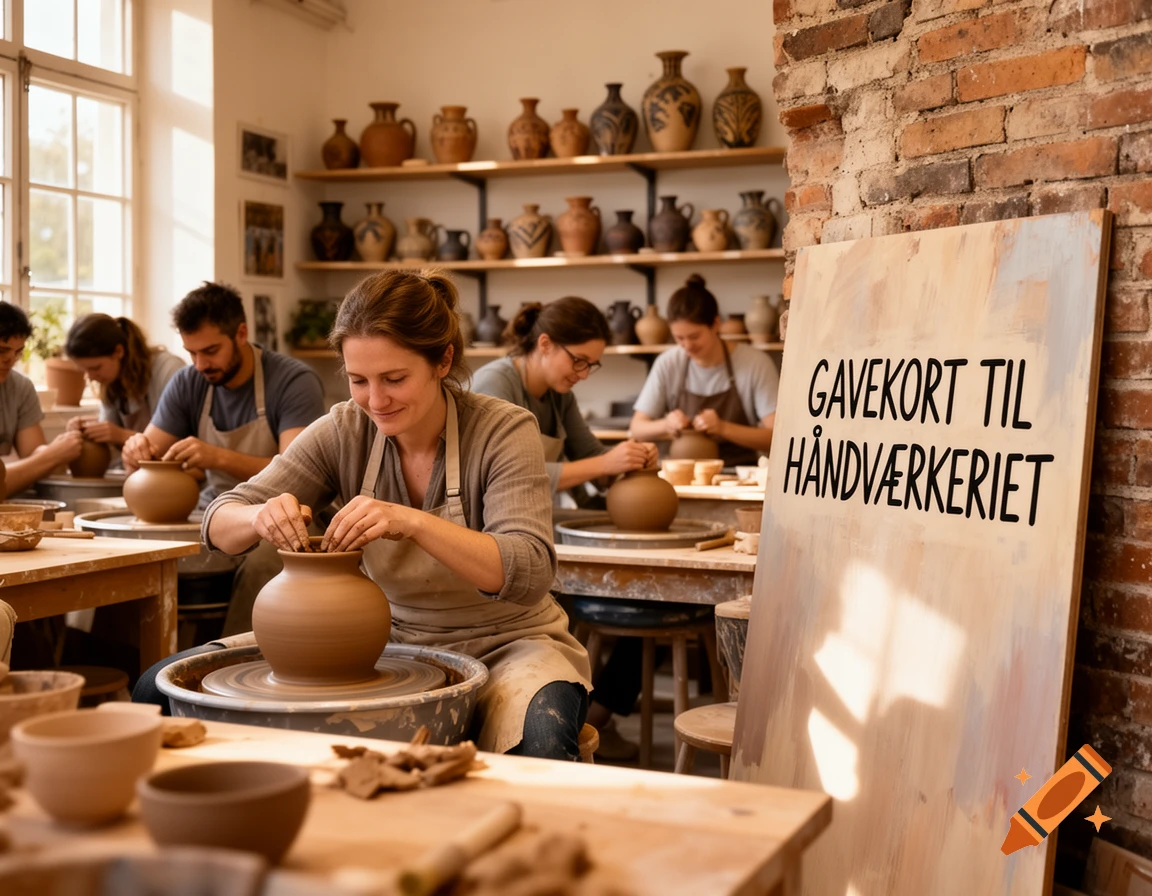 Adults in aprons shaping clay on pottery wheels in a well-lit workshop with shelves of ceramic pots.