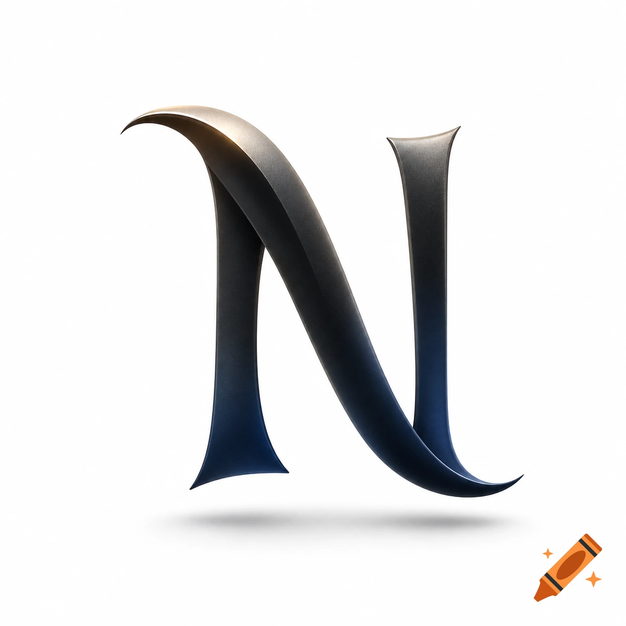 A stylized, metallic 3D letter N in dark blue and gold tones, with a sleek, curved design, casting a subtle shadow on a white background.