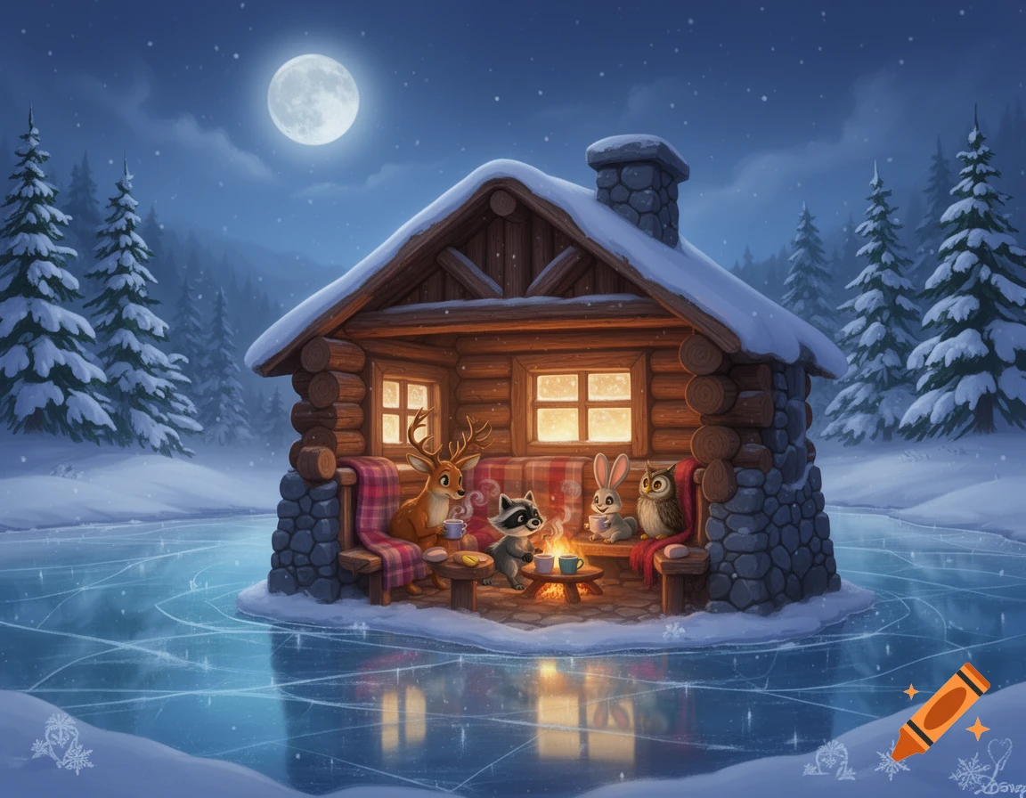 Cartoon woodland animals in a cozy log cabin on a frozen pond under a full moon in a snowy winter night.