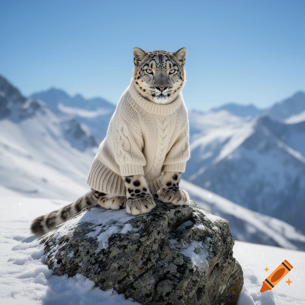 A snow leopard wearing a cream cable-knit sweater sits on a snow-dusted rock in a snowy mountain landscape.