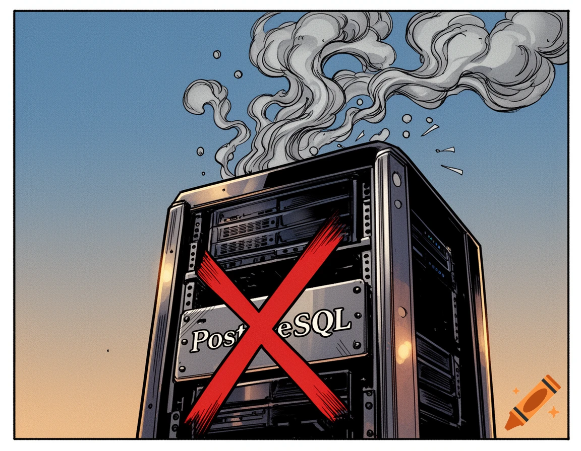 Comic art of a server rack with smoke coming out, and a red X over 'PostgreSQL' on its side.
