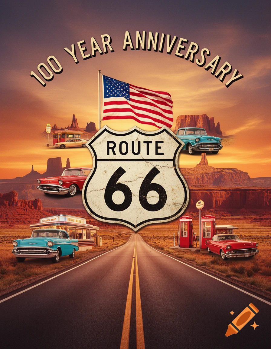 A vibrant poster for the 100 Year Anniversary of Route 66, featuring classic cars, a diner, a gas station, a US flag, and a desert landscape.