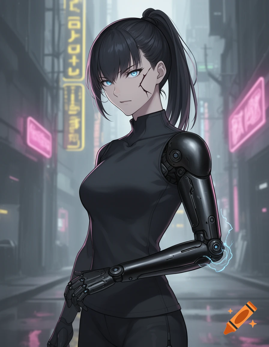 Anime-style woman with black hair, blue eyes, and a cybernetic left arm, standing in a cyberpunk city street with neon signs.