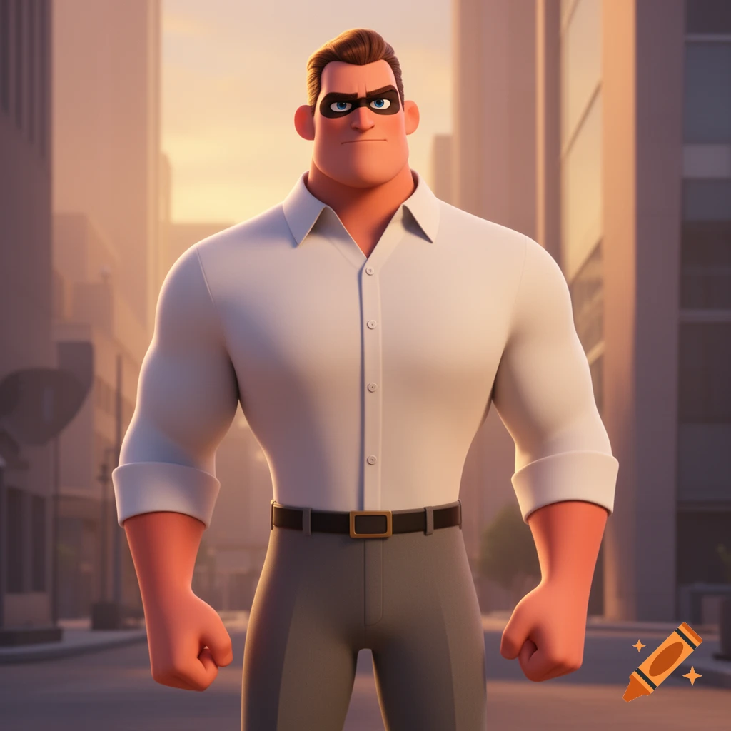 Animated muscular man resembling Mr. Incredible in civilian clothes and a mask, standing in an urban setting at sunset.