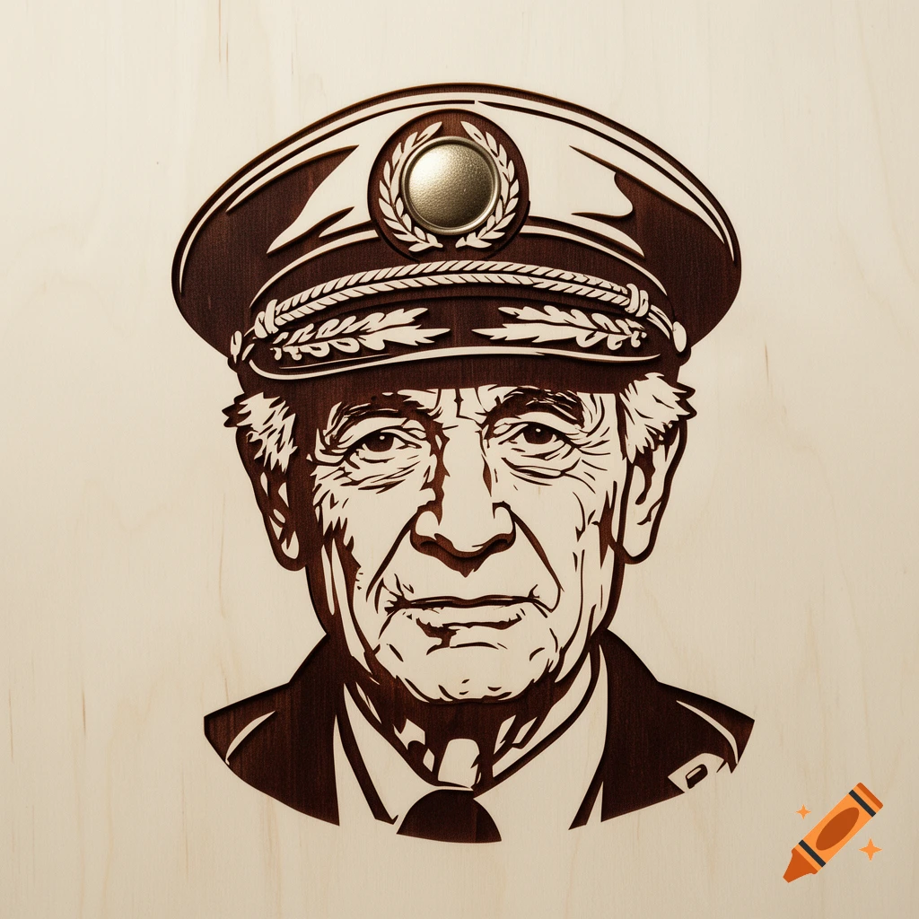 Woodcut style portrait of an older man in a captain's uniform and cap, against a light wood background.