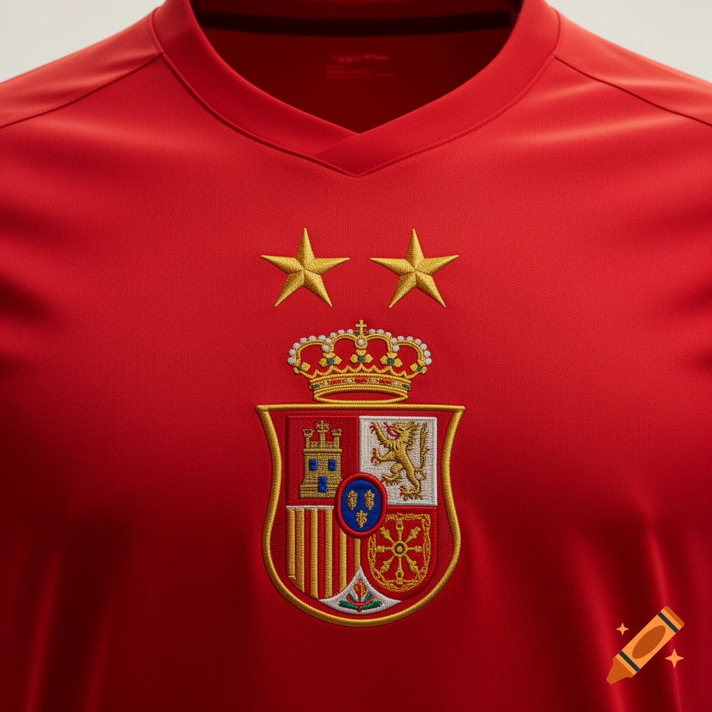 A close-up of a red football jersey featuring the embroidered Spanish national team emblem and two golden stars.