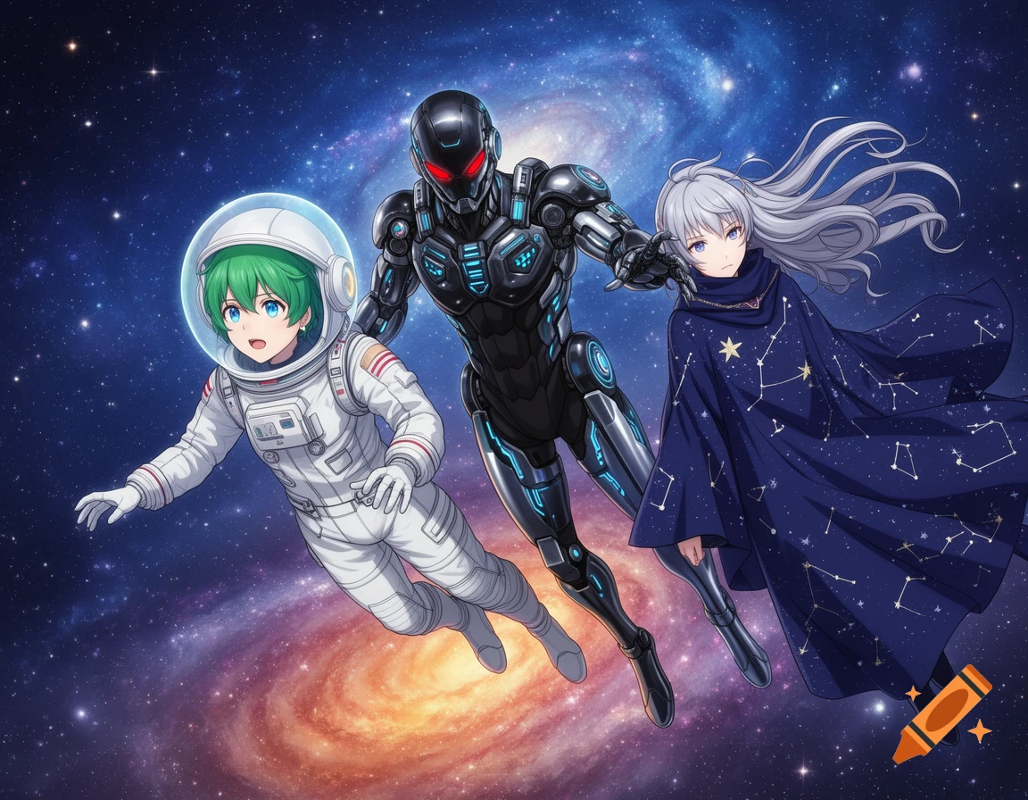 Three anime characters, an astronaut, a robot, and a girl in a starry cloak, float in space against a galaxy background.