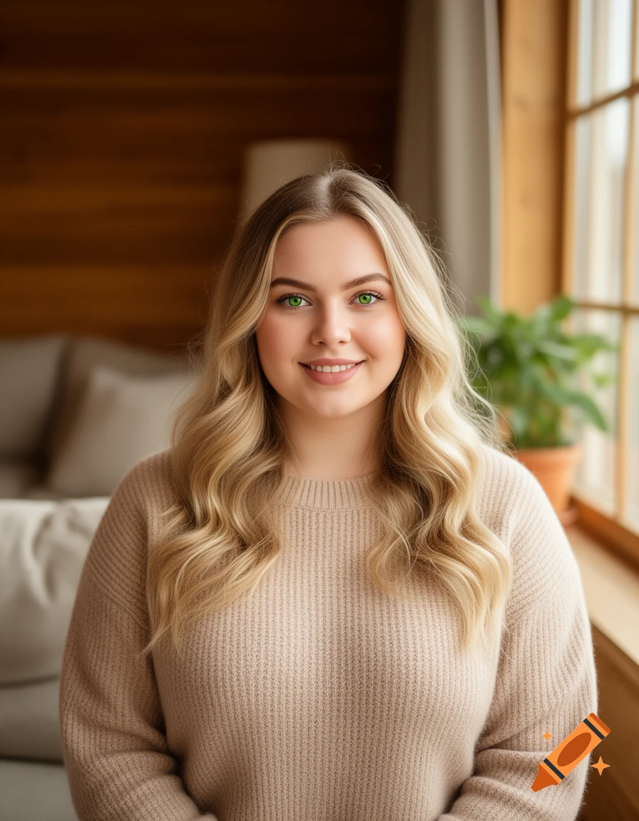 A photorealistic portrait of a young blonde woman with vibrant green eyes and a beige sweater, smiling in a cozy room.