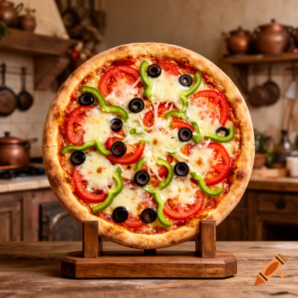Photorealistic pizza with tomatoes, green peppers, and black olives on a wooden stand in a rustic kitchen.
