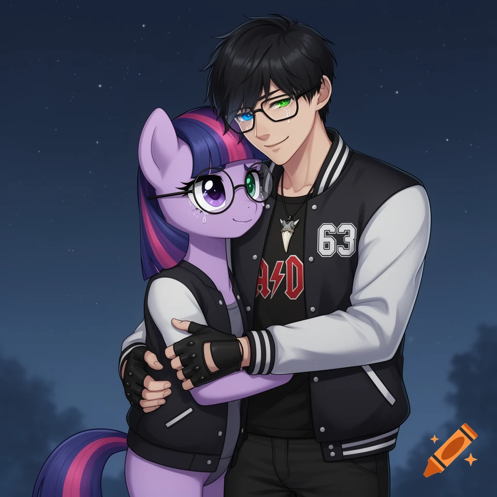 A dark-haired anime boy with different colored eyes and glasses hugs Twilight Sparkle from My Little Pony, who also wears glasses. Both wear varsity jackets and are subtly crying under a starry night sky.
