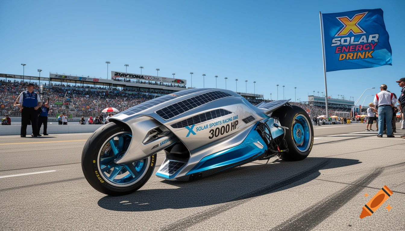 A futuristic silver and blue solar sports racing bike on a track with spectators and an 'X Solar Energy Drink' flag under a clear sky.