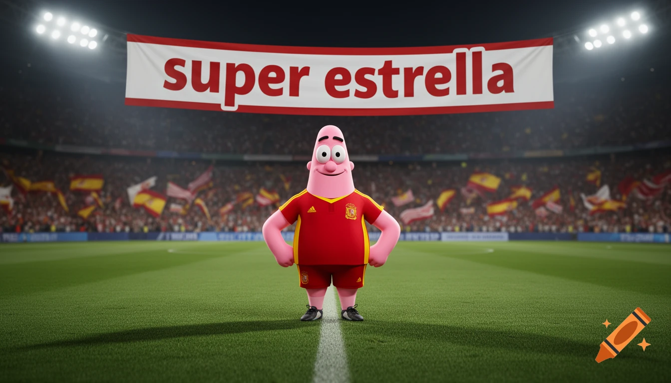 Patrick Star in a red and yellow Spanish soccer uniform stands on a stadium field under a 'super estrella' banner.