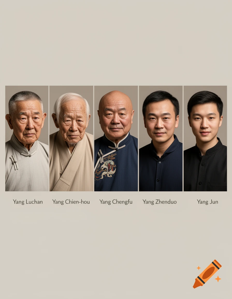 Five photorealistic portraits of men from different generations of the Yang family with their names below.