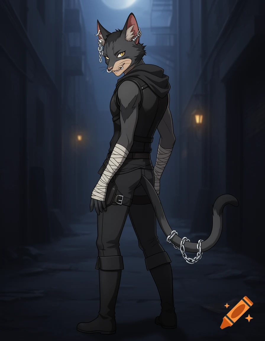 Anime-style black anthro cat in dark thief attire, with piercings and a chained tail, smirking in a dark alley under moonlight.