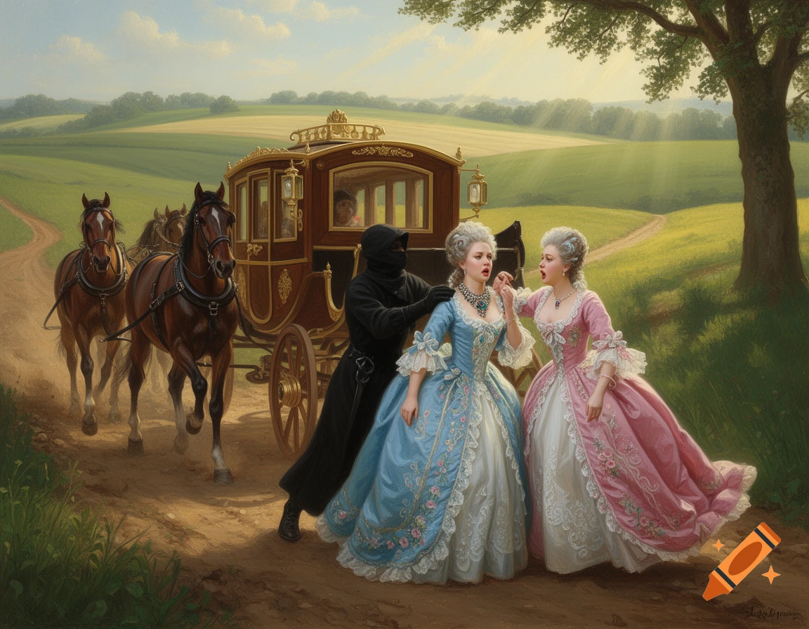 Two women in elaborate Rococo dresses are confronted by a masked bandit next to a horse-drawn carriage on a dirt road through a green, hilly landscape.