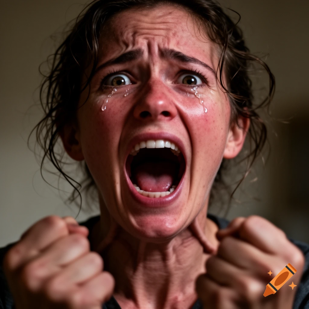 A photorealistic close-up portrait of a woman screaming in distress, tears streaming down her face, with clenched fists.