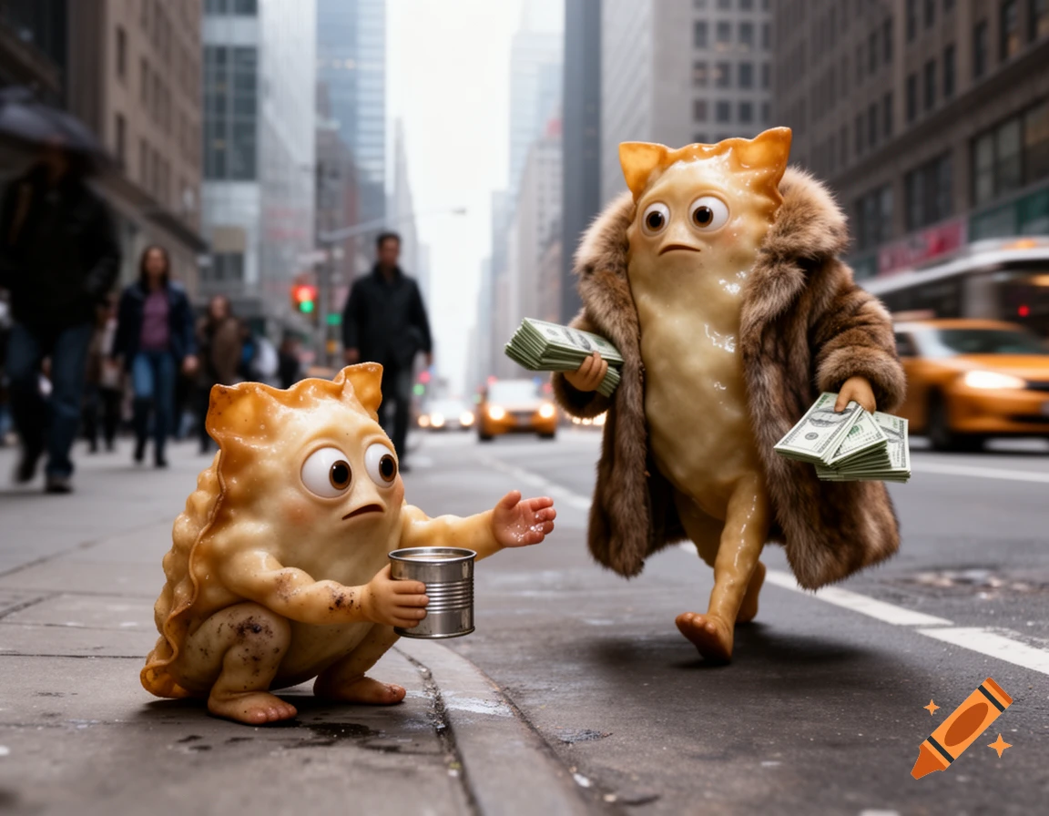 An anthropomorphic wonton in a fur coat with money walks past another wonton begging on a busy city street.