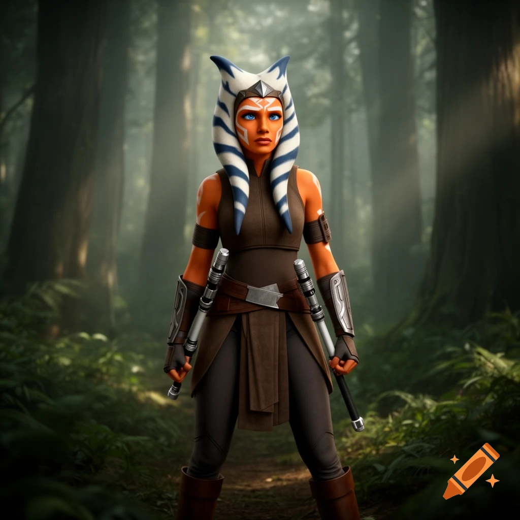 Ahsoka Tano, a Togruta Jedi, stands in a mystical forest, holding two lightsaber hilts, in a photorealistic style.