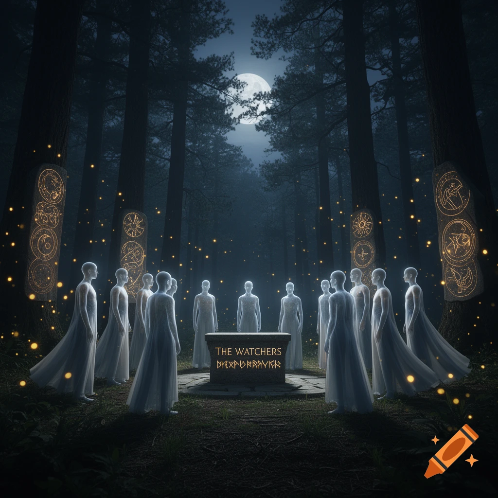 Ethereal robed figures stand in a circle around an altar with text "THE WATCHERS" in a dark, misty forest under a full moon with glowing symbols.