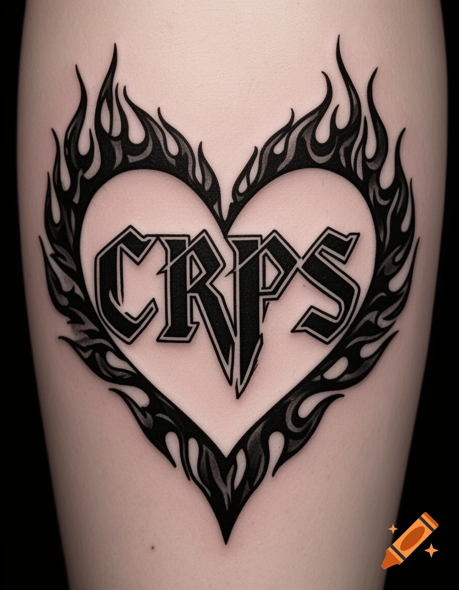 A black and white heavy metal style tattoo of the letters CRPS inside a flaming heart, on an arm.