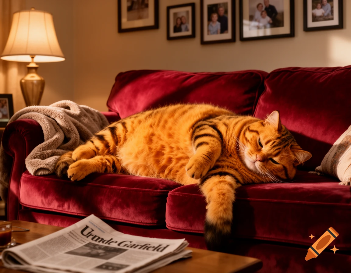 A photorealistic, overweight orange tabby cat resembling Garfield sleeps soundly on a red velvet couch in a warm living room.