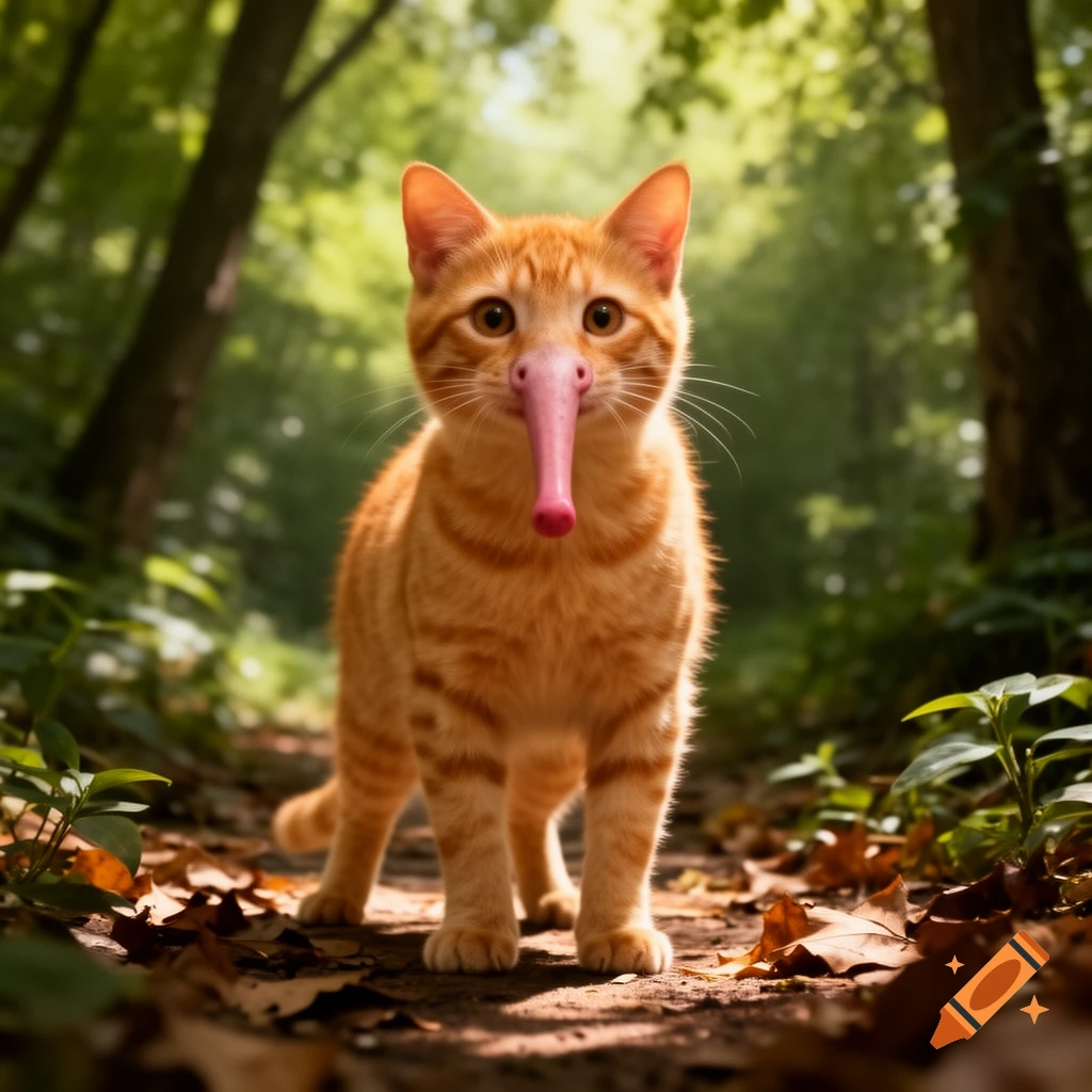 An orange tabby cat with an unusually long, pink, tubular snout stands on a forest path, looking forward.
