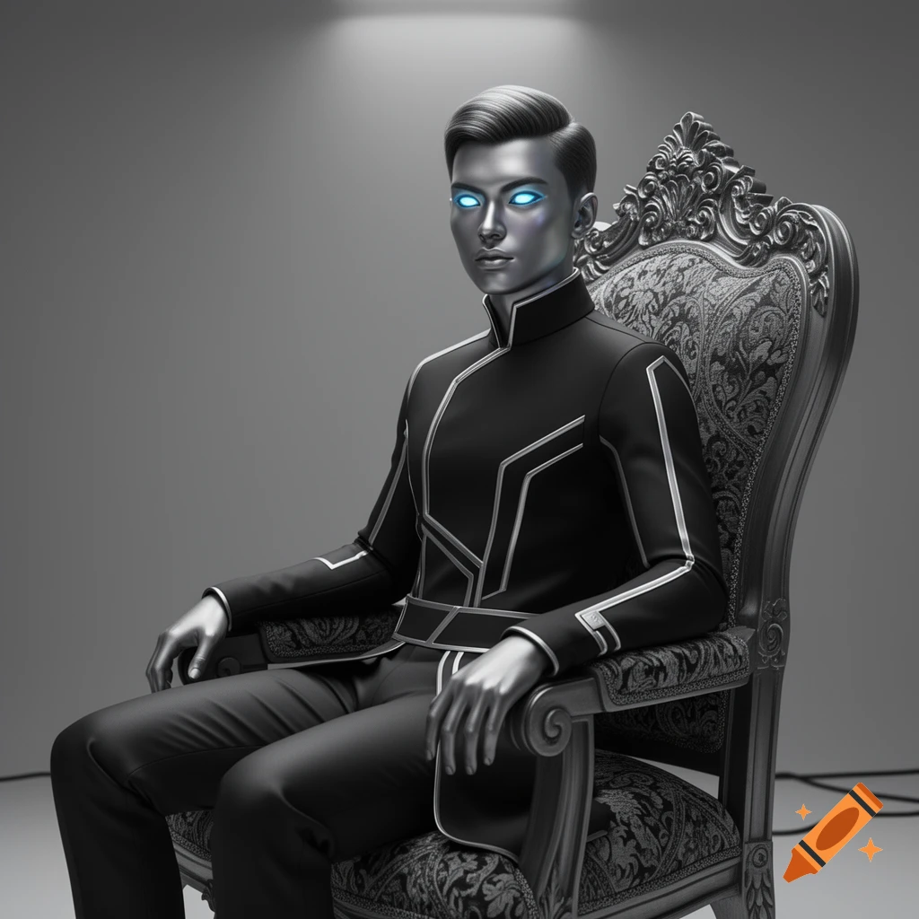 A photorealistic portrait of a humanoid figure with metallic skin and glowing blue eyes, dressed in a black and silver futuristic suit, sitting in an ornate chair.