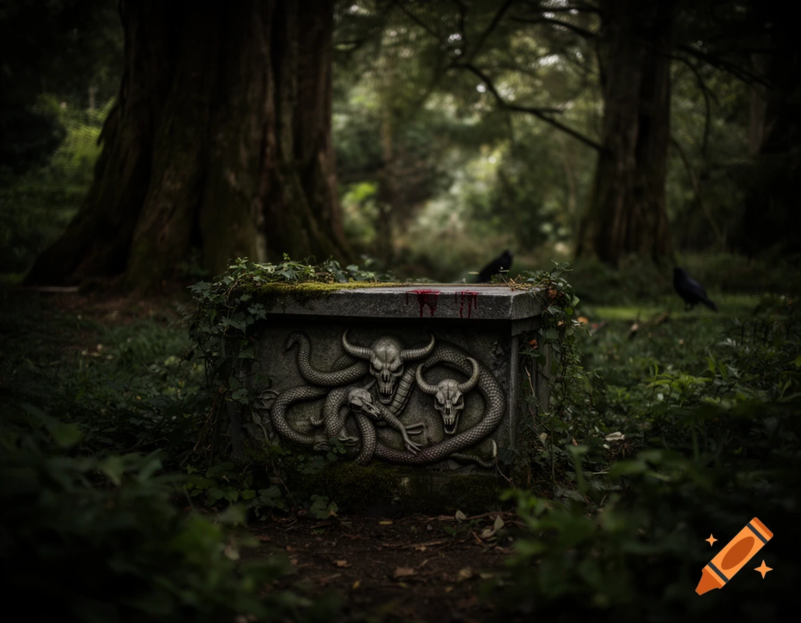 A mossy stone altar with horned skull and snake carvings, stained with blood, sits in a dark, overgrown forest with crows nearby.