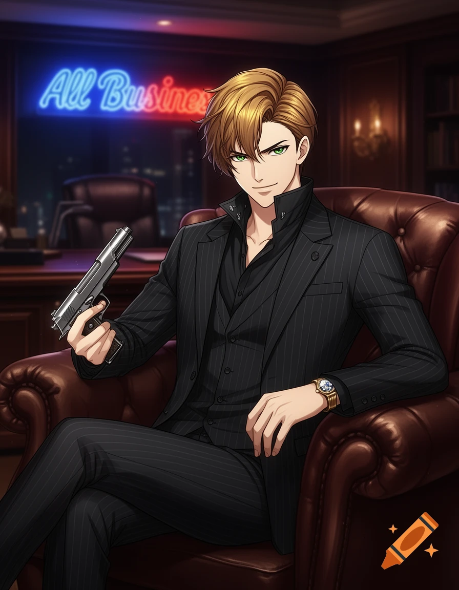 Anime-style man with light brown hair and green eyes sits in a leather chair, holding a pistol, with a neon "All Business" sign.