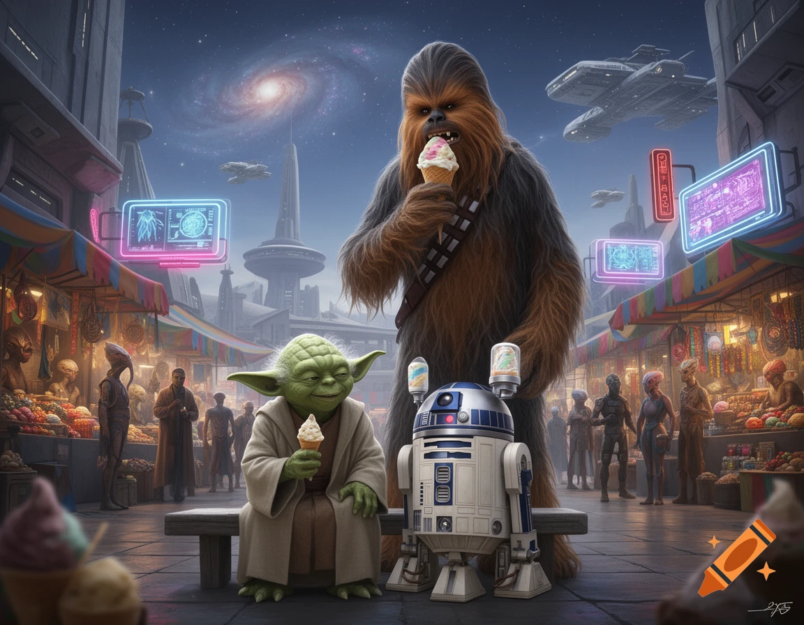 Chewbacca, Yoda, and R2D2 enjoy ice cream in a vibrant, futuristic alien marketplace under a galaxy sky.