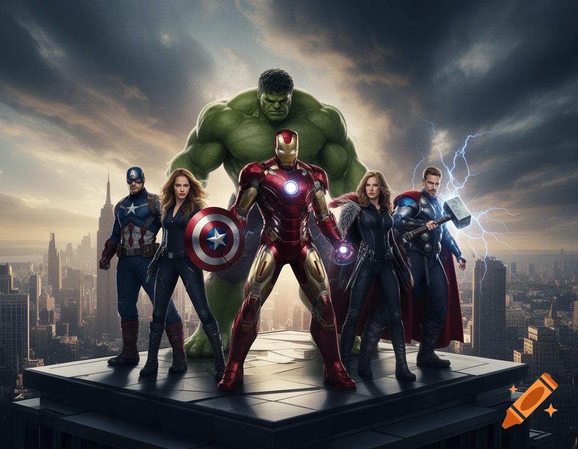 Photorealistic depiction of Avengers superheroes like Hulk, Iron Man, Captain America, and Thor on a city rooftop with a stormy sky.