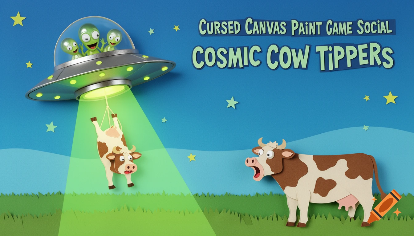 Humorous paper cut style image of a UFO with green aliens abducting a cow with a light beam, while another cow watches, all under the title 'Cosmic Cow Tippers'.