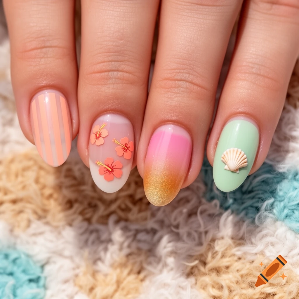 Close-up of four fingernails with colorful summer designs: orange stripes, hibiscus flowers, pink-to-gold gradient, and a seashell.