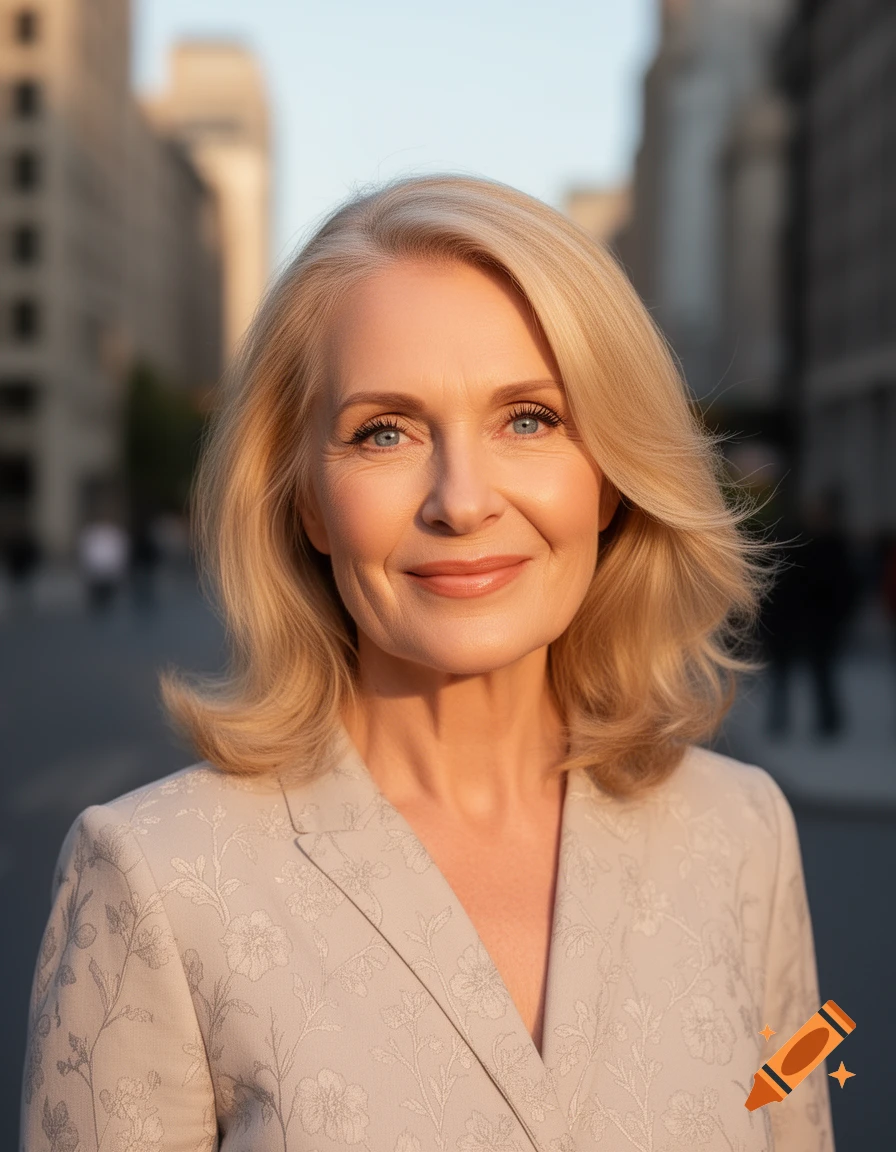A smiling blonde woman in a floral blazer stands on a city street at sunset.