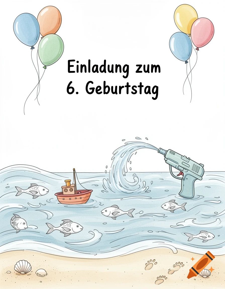 Cartoon invitation for a 6th birthday featuring balloons, a boat, fish, a water gun splashing water, and a beach with seashells and footprints.