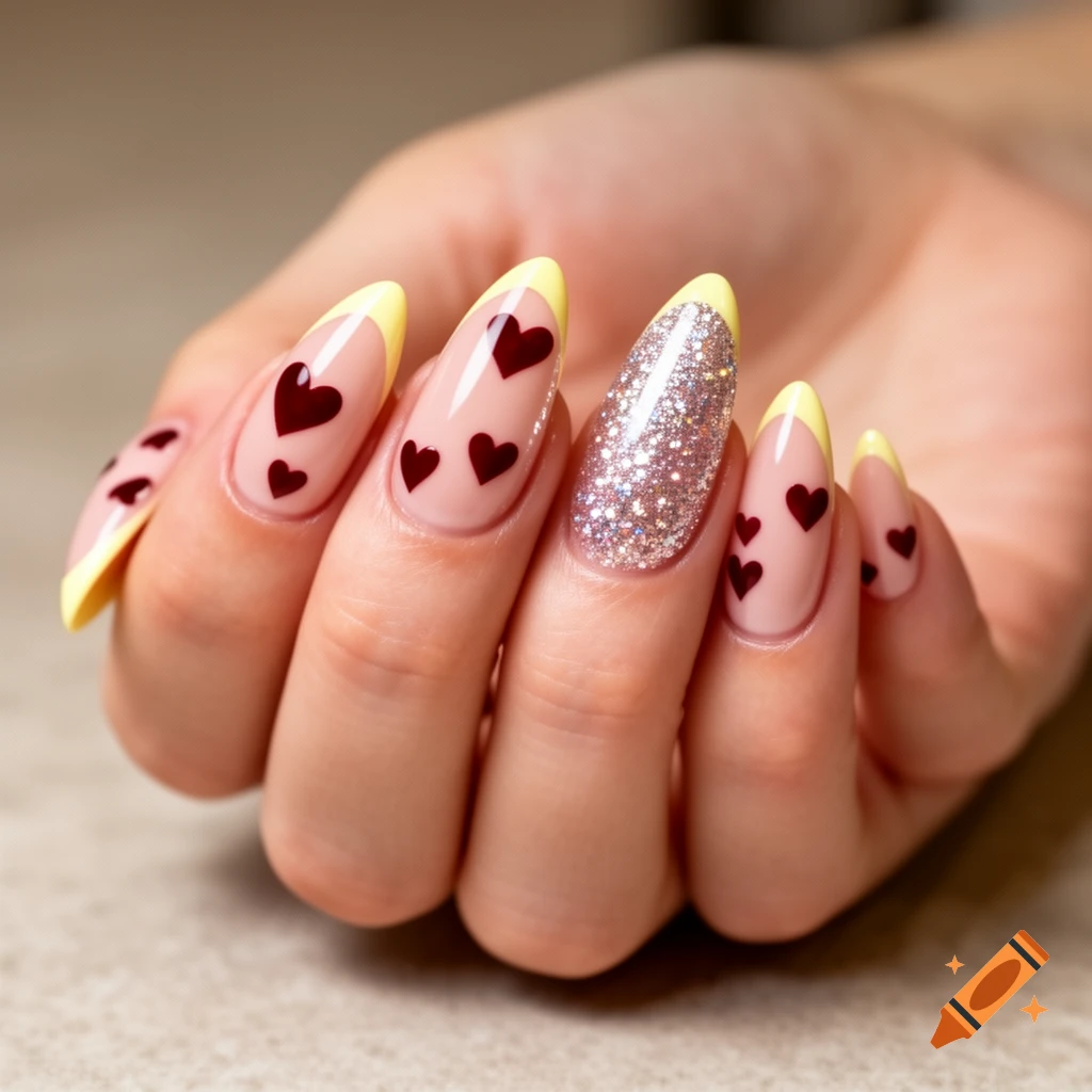 A hand with almond-shaped nails, featuring light nude pink with yellow French tips and dark red hearts, and one nail fully covered in glitter.