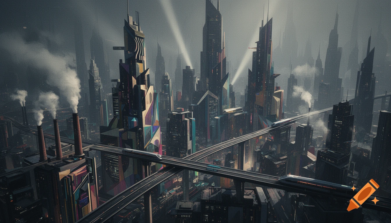 High-angle view of a dark, stylized futuristic city with cubist architecture, elevated trains, smoking chimneys, and spotlights.