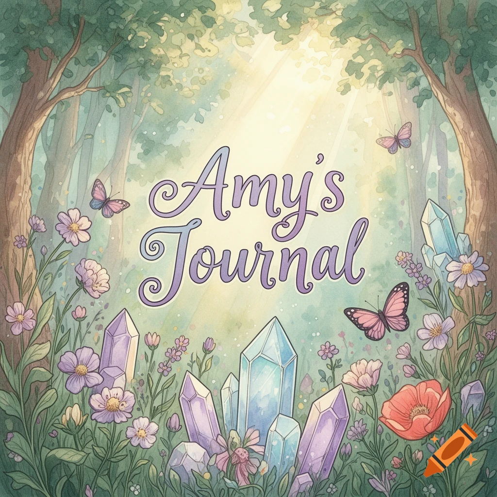 A whimsical watercolor illustration of a forest clearing with glowing light, purple and blue crystals, butterflies, flowers, and the text "Amy's Journal" in a decorative font.