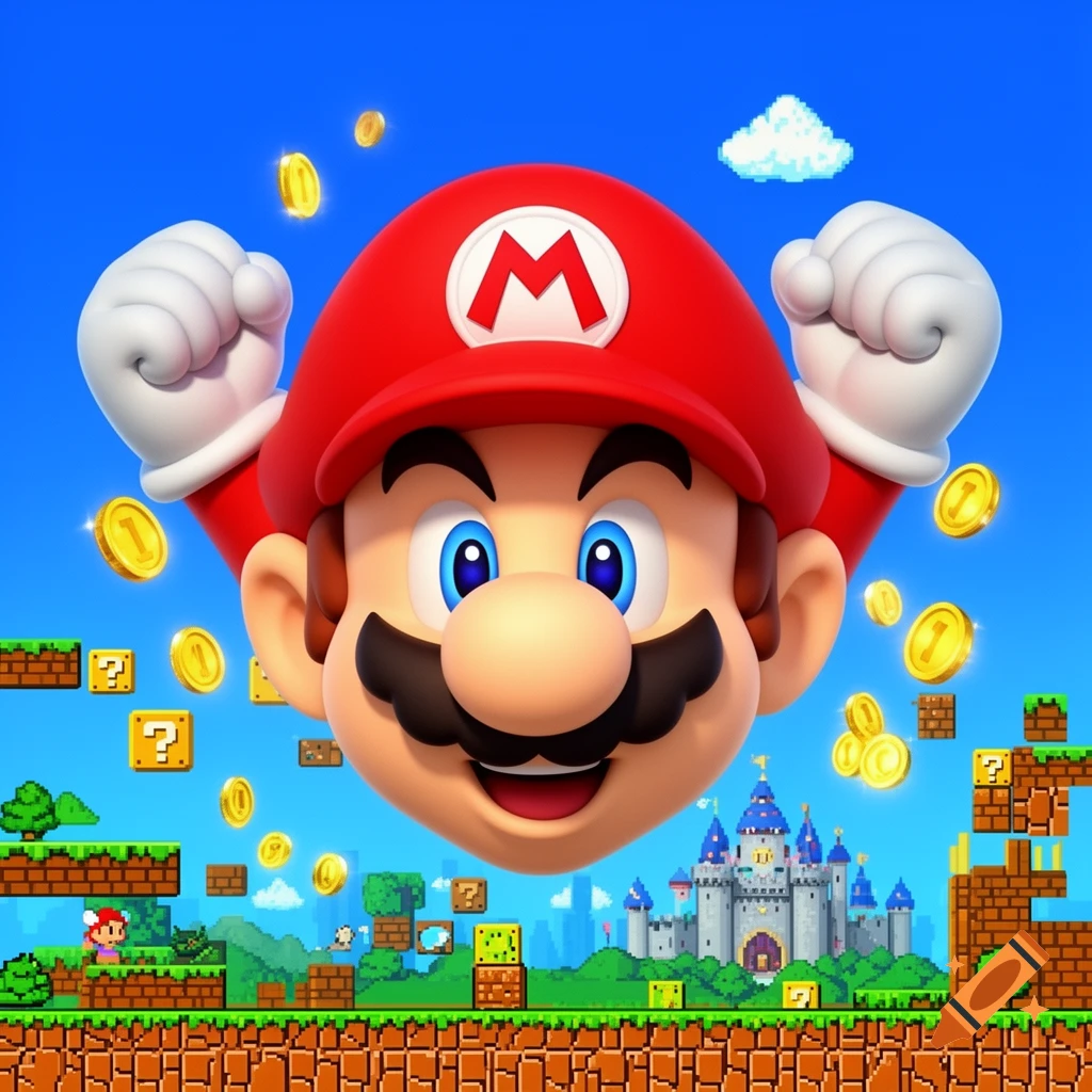 A large 3D rendered Mario head with a red cap and mustache floats above a vibrant pixel-art landscape with a castle, coins, and blocks.